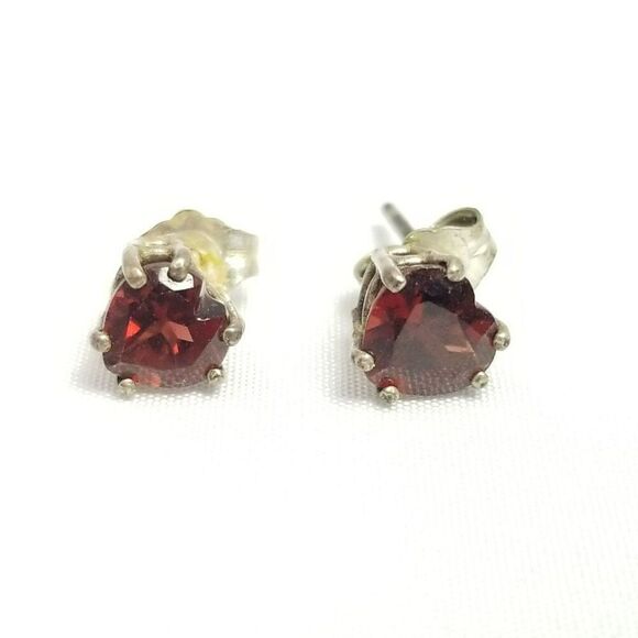 Vintage Red Rhinestone Heart Shape Stud Earrings, Silver Tone Prong Setting - Picture 1 of 6